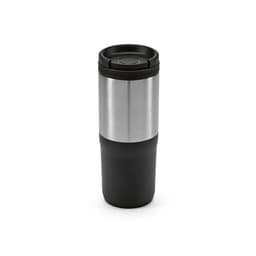A drink bottle with a stainless steel middle, black base, and a black lid, featuring a logo.