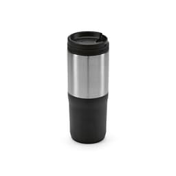 A drink bottle featuring a stainless steel upper section and black lower section, designed with a spill-proof lid.