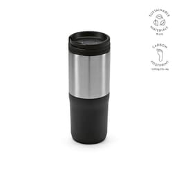 A drink bottle with a stainless steel upper section and a black lower section, featuring a leakproof lid and branding.