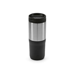 A drink bottle with a stainless steel upper section and a black matte lower section, featuring a black lid.