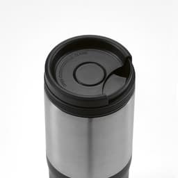 A drink bottle featuring a sleek silver design with a black leakproof lid and sipping opening, along with a logo.