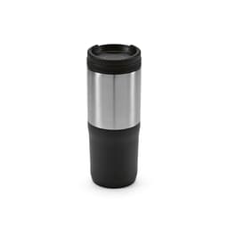 A drink bottle featuring an orange triple wall design with a stainless steel upper and black lower section. It has a logo.