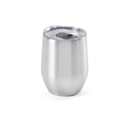 A drink bottle featuring a silver stainless steel exterior, double wall insulation, and a clear lid. It has a logo.