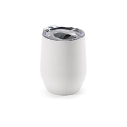 A drink bottle in white, featuring a double wall design and a clear lid with a seal, and includes branding.