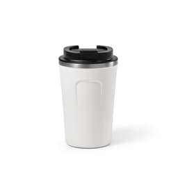 A drink bottle featuring a sleek white body and black lid, designed with a double wall and leakproof capability.