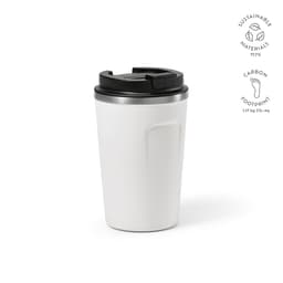 A drink bottle featuring a white body with a black lid, double wall design, and a logo.
