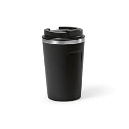 A drink bottle in a sleek black design, featuring a double wall and leakproof lid. It has a logo on the surface.