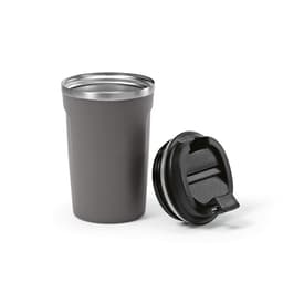 A drink bottle in matte grey with a double wall and a black leakproof lid, featuring a logo.