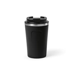 A drink bottle featuring a black double-walled design with a leakproof lid and a metallic trim. It has a logo.