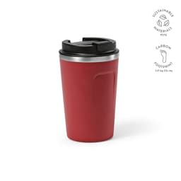 A drink bottle in red with a black lid, featuring a stainless steel band and a logo. Double wall and leakproof design.