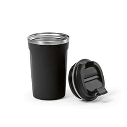 A drink bottle featuring a black double wall design with a stainless steel rim and a removable black lid.