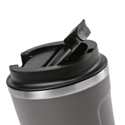 A drink bottle featuring a double wall design in grey with a black leakproof lid and a logo.