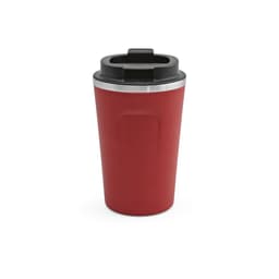 A drink bottle in red with a stainless steel rim and a black lid. It has a logo on the front.