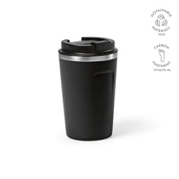 A drink bottle with a sleek black design, double wall construction, and a leakproof lid. It features a logo.