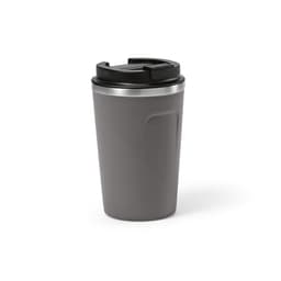 A drink bottle featuring a sleek grey design with a black lid, double wall construction, and a leakproof feature.