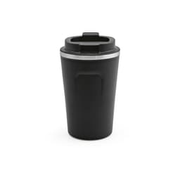 A drink bottle with a matte black finish, double wall insulation, lid, and a stainless steel accent. Features a logo.