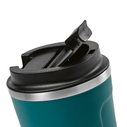 A drink bottle with a teal body, double wall design, and a black, leakproof lid featuring an opening for sipping.