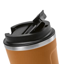 A drink bottle with a brown body and black lid, featuring a silver band and a logo. Double wall and leakproof design.