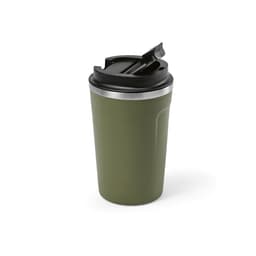 A drink bottle in olive green with a black lid and a silver band, featuring a logo. Double wall and leakproof design.