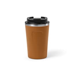 A drink bottle in a warm brown colour with a black lid, featuring a smooth surface and a logo.