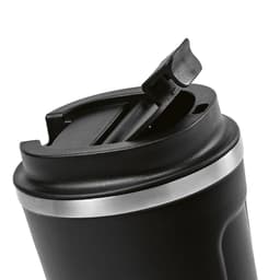 A drink bottle with a black finish, featuring a stainless steel band and a leakproof lid.