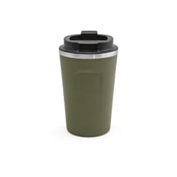 A drink bottle with a double wall, leakproof design, in olive green with a black lid and a logo.