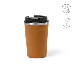 A drink bottle in a warm brown colour with a black lid, featuring a logo and a double wall design.