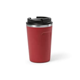 A drink bottle featuring a red double-wall design with a black lid, equipped with a leakproof feature and logo.