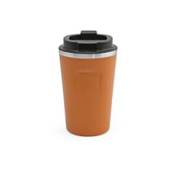 An orange travel cup with a double wall, a black lid, and a stainless steel band. It features a logo.