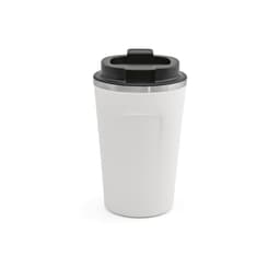 A drink bottle featuring a white body, black lid, double wall design, and a leakproof feature. It has a branding logo.