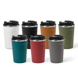 A drink bottle collection featuring eight double-walled, leakproof cups in various colours, each with a black lid.