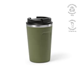 A drink bottle in olive green with a black lid, featuring a stainless steel rim and a logo.