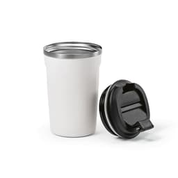 A drink bottle featuring a white double wall design with a black leakproof lid and a branding logo.