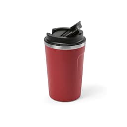 A drink bottle in red with a black lid, featuring a double wall and a leakproof design. It has a logo.