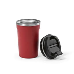 A drink bottle in red, featuring a double wall and leakproof lid, with a metal rim. It includes a logo.