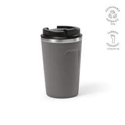 A drink bottle in dark grey with a black lid, featuring a double wall and a logo.