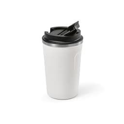 A travel cup with a double wall, featuring a sleek white body and a black lid. It has a logo on the side.
