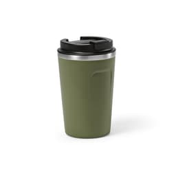 A drink bottle in olive green with a black lid and a stainless steel band. It features a sleek, double-wall design.
