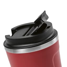 A drink bottle with a red exterior, double wall, stainless steel rim, and a black leakproof lid.