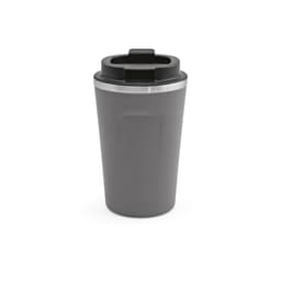 A drink bottle in grey with a double wall and leakproof design. Features a silver band and a lid.