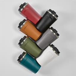A drink bottle collection featuring six colours: red, black, orange, grey, green, and white, with a logo on each.