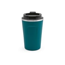 A drink bottle in teal with a double wall, leakproof design, and a black lid. It has a branding logo.