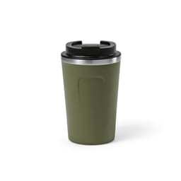 A drink bottle in olive green with a black leakproof lid and stainless steel trim. It features a logo.