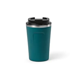 A drink bottle in teal with a black lid, featuring a double wall and leakproof design. It includes a logo.