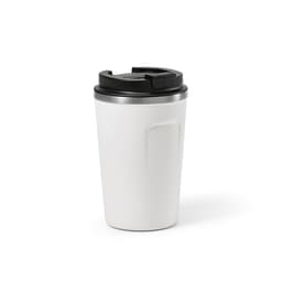 A drink bottle in white with a black lid, featuring a double wall and a leakproof design. It has a logo.