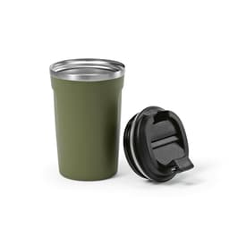 A drink bottle in olive green, featuring a double wall design and a black leakproof lid. It has a logo on the side.