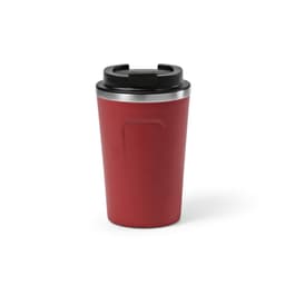 A drink bottle in red with a black lid, featuring a double wall and a leakproof design. It has a logo.