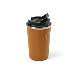 A drink bottle in a matte orange finish with a black lid and a silver band, featuring a logo.