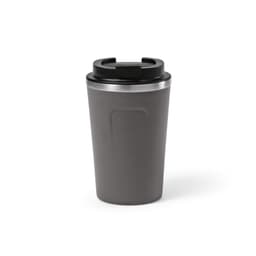A drink bottle in grey with a black lid. It features double wall insulation and is leakproof. A logo is present.