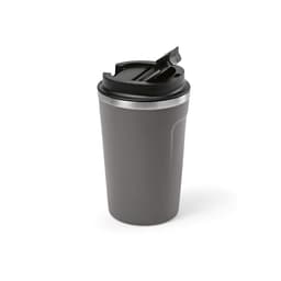 A drink bottle in grey with a black lid, featuring a double wall and leakproof design. It has a logo.